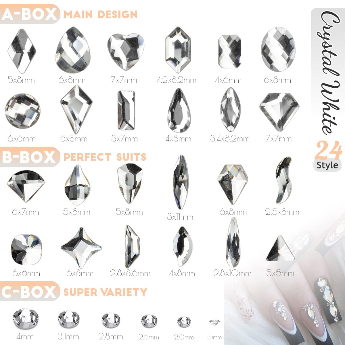 qiipii 3 Boxes Silver Clear Nail Rhinestones 240 Multi-Shapes Crystal White Big Gems Stones Flatback Round Beads Glass Crystals