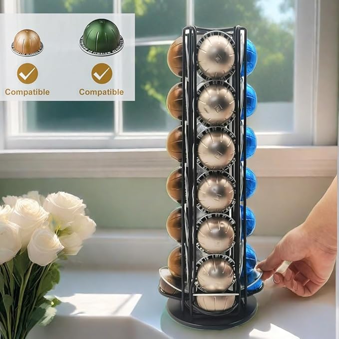 Vertuo Pod Holder Carousel Stand for 28 Nespresso Vertuo Capsule Storage Organizer with Extra Space for Coffee Mate Silent Rolling，Black