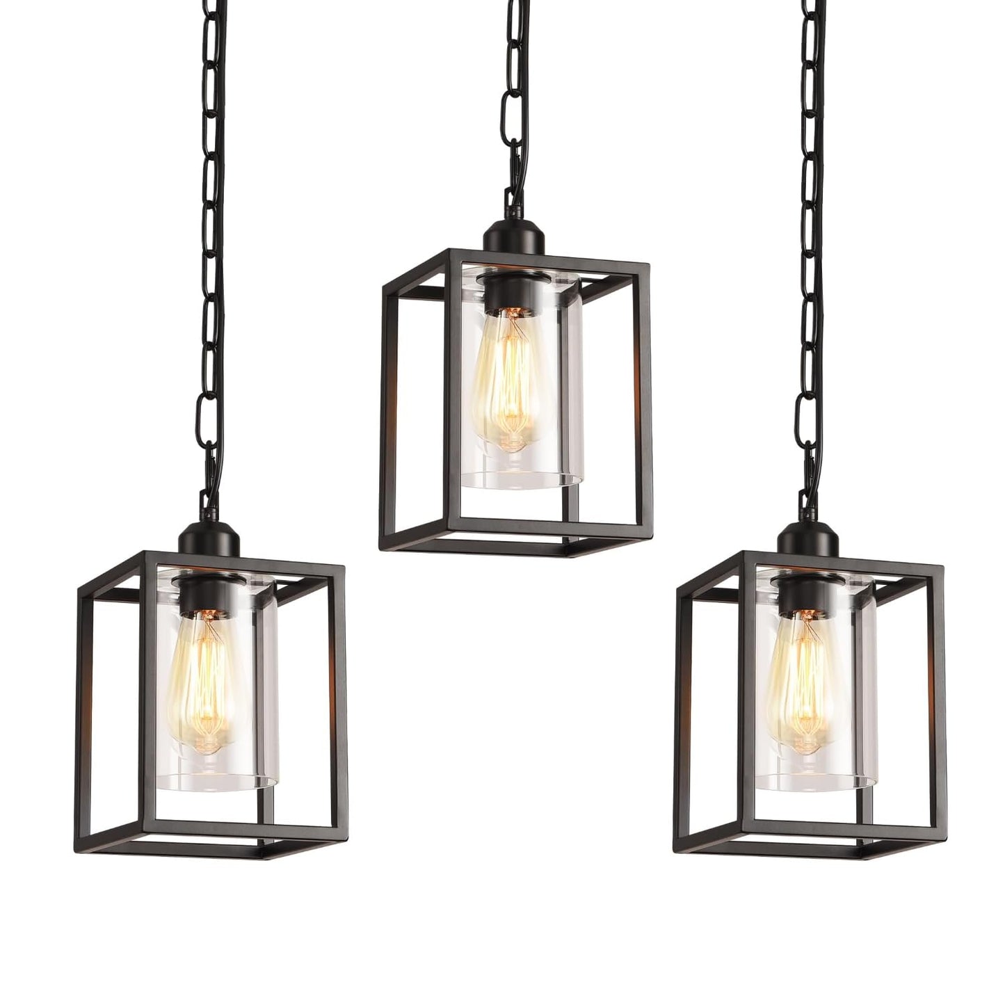 3 Pack Farmhouse Pendant Light Black Metal Frame Hanging Light Fixture With Clear Glass Shade  Adjustable Chains Industrial Mini Pendant Lighting For Kitchen Island Entryway Porch Foyer
