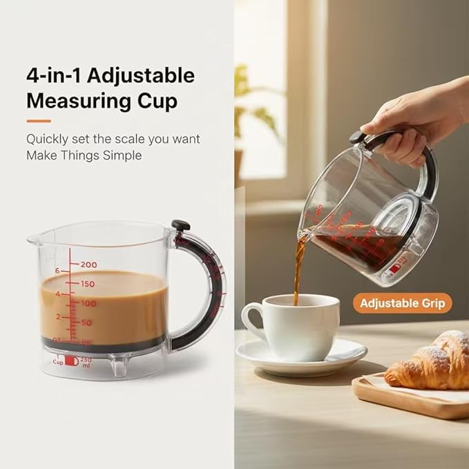4-in-1 Adjustable Measuring Cup with Scraper Lid & Push-Up Base, Multi-function 1 Tbsp to 1 Cup Kitchen Tool for Sticky Ingredients, Baking & Cooking, Space Saving Design (Size Options) (2)