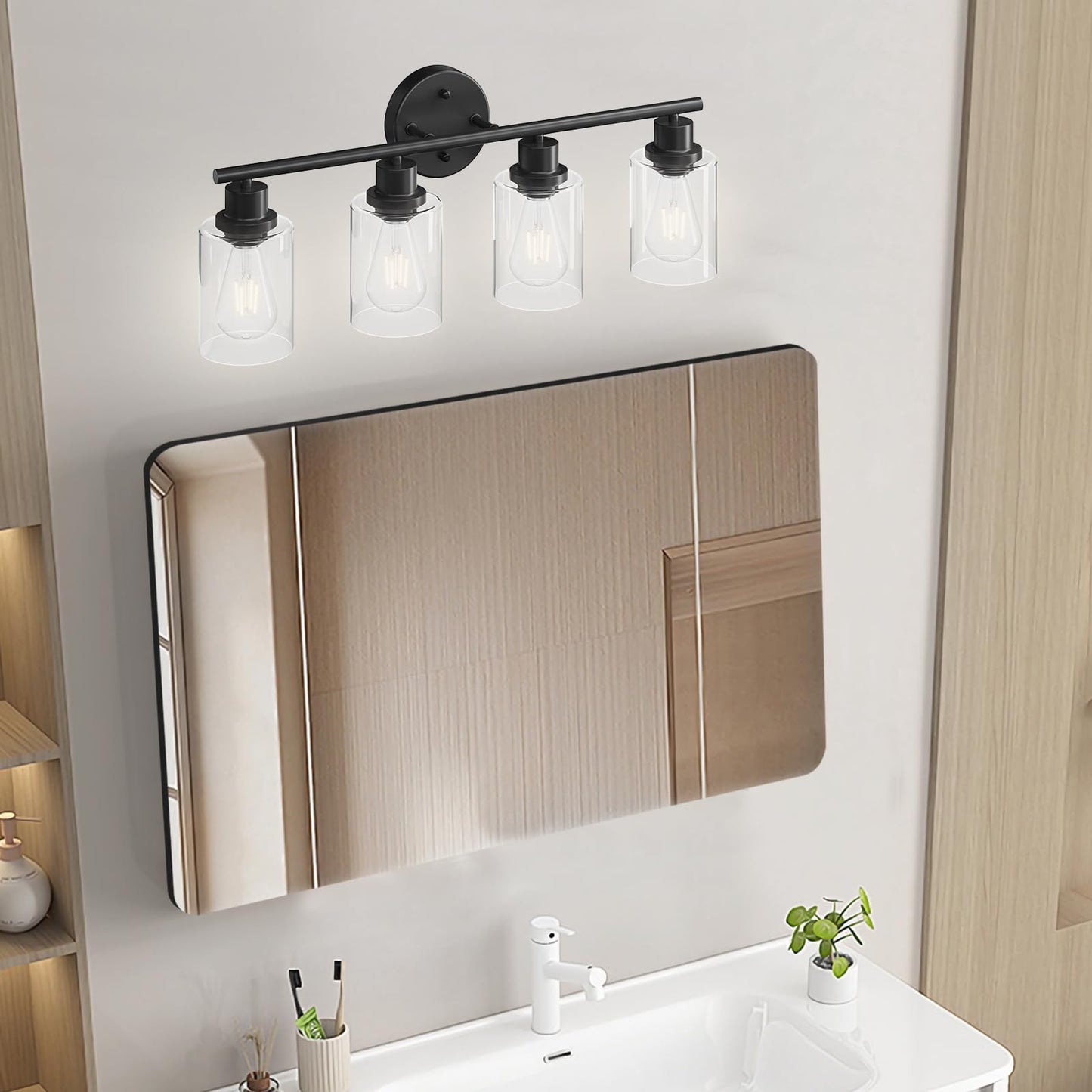 Guliaofo 4-Light Black Bathroom Light Fixtures, E26 Modern Vanity Lights for Bathroom with Clear Glass Shade, Wall Lamps for Mirror Hallway Kitchen Cabinet Living Room Sconces Lights