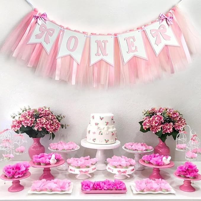 Pink Bowknot One Birthday Highchair Banner - Girl 1st Birthday High Chair Banner, Party Decoration Photo Props, Cake Smash