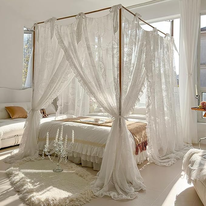 Elegant Lace Princess 4 Corner Post Mosquito Net Romantic for Girls Women Bed Curtain Canopy for Adult Wedding Bedroom Kids Rooms Decoration (Color-A, Full)