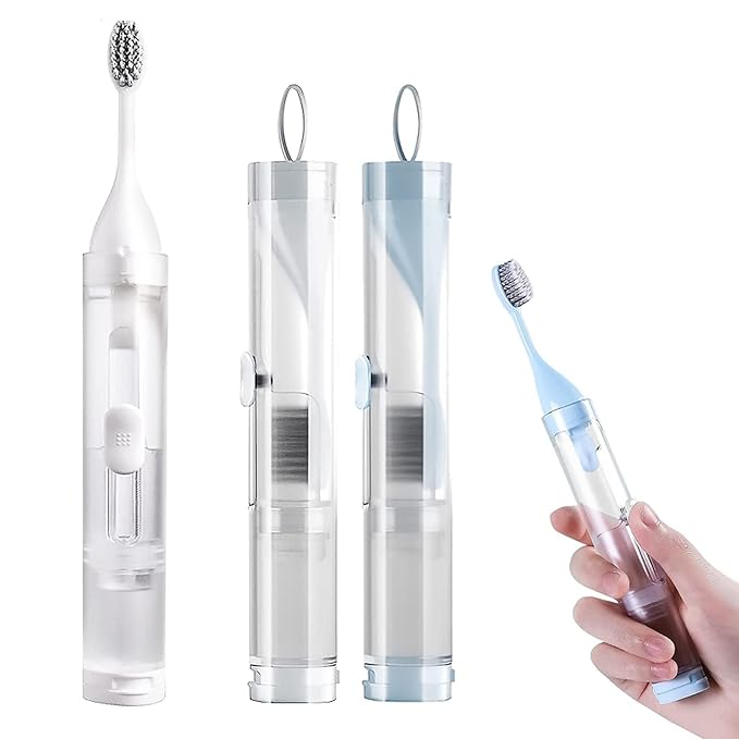 2Pcs Travel Toothbrushes Kit Fold Travel Size Toothbrushes Built-in Toothpaste Container, Including 2 Cleaner Head Soft Bristles for Camping, School, Business Trip (Blue, White)