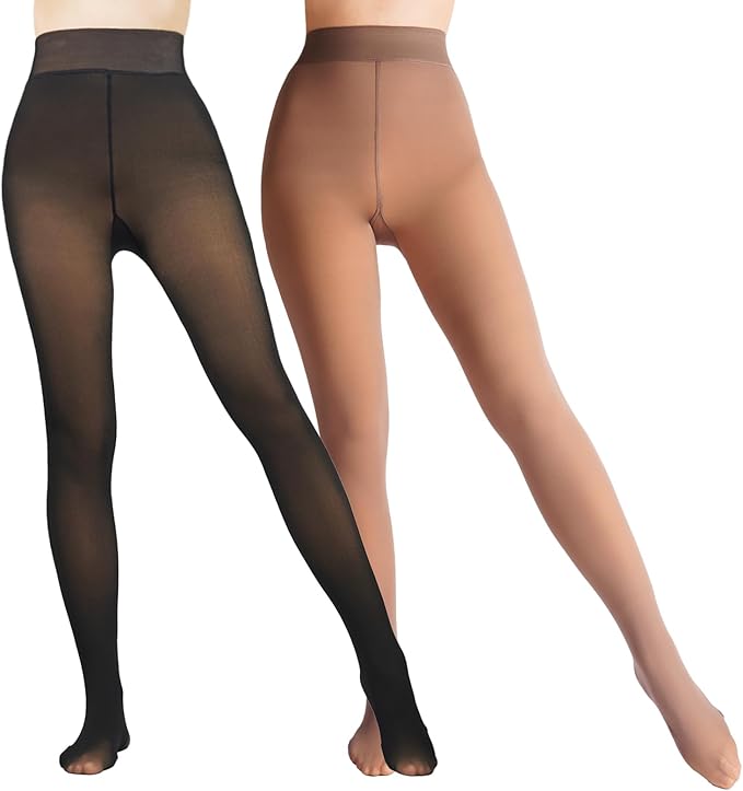 Caprilite 2 Pairs Women Fleece Lined Tights-Fake Translucent Leggings High Waist Pantyhose Sheer Thick Warm Tights For Women