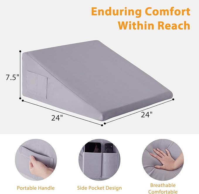 Bed Wedge Pillow for Sleeping, 7.5" Wedge Pillows for After Surgery, Soft Memory Foam Top, Triangle Pillow Wedge, Body Positioners for Leg Elevation, Acid Reflux, Gerd, Snoring Relief, Velvet