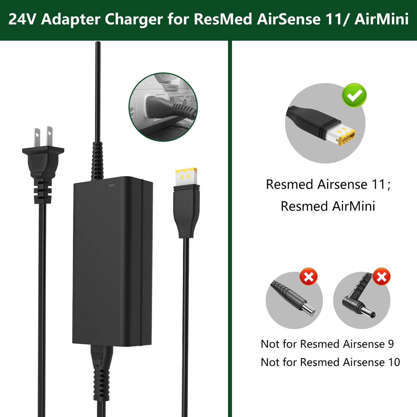 24V 65W AC Adapter Replacement for ResMed AirSense 11 Power Supply Compatible with All ResMed AirSense 11 CPAP Machines (AutoSet/Elite), Includes CPAP Power Cord | ResMed AirSense 11 Supplies