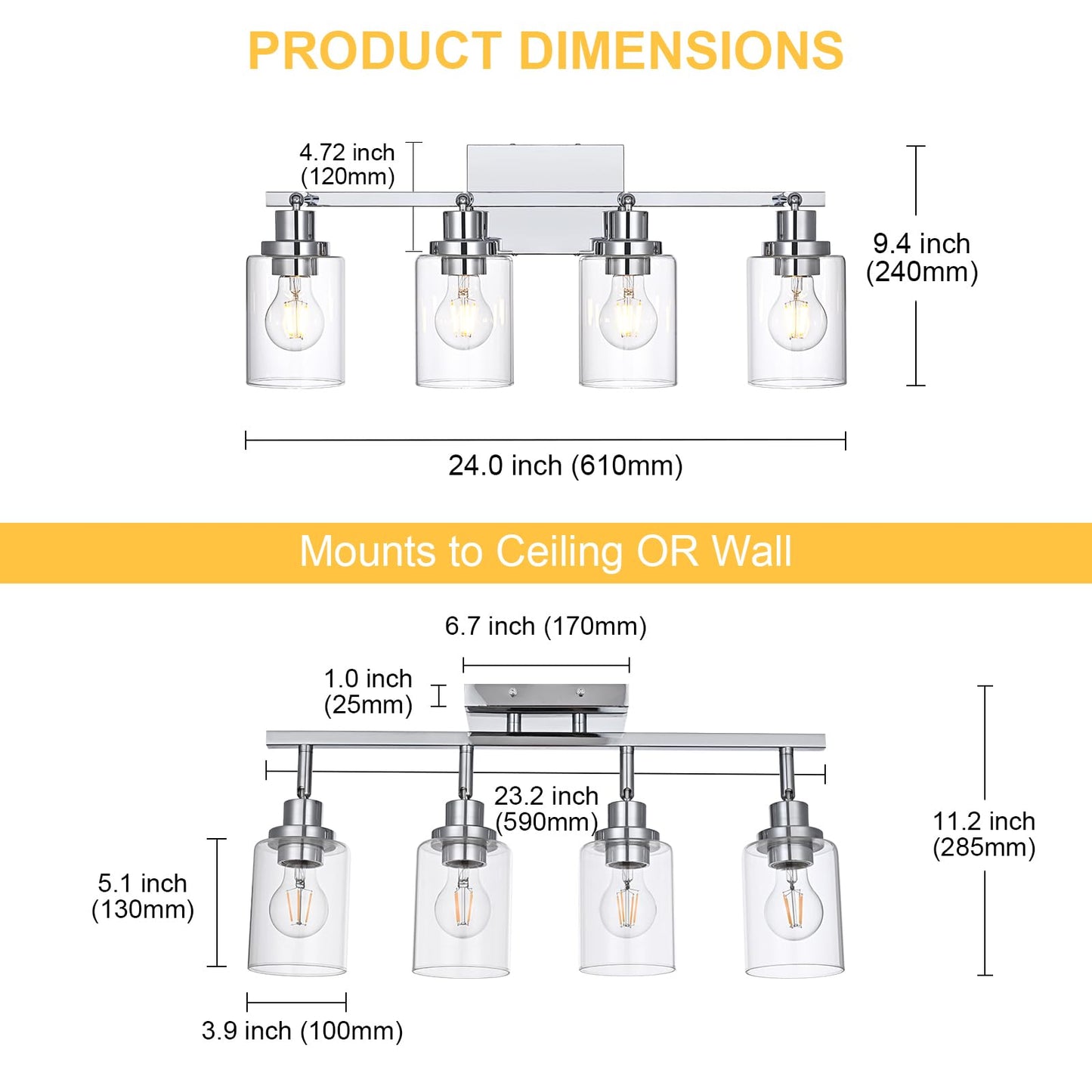 Wanluce 4-Light Track Lighting Kit Ceiling Kitchen Track Lighting Fixtures Chrome Bathroom Vanity Wall Lights With Clear Glass Multi-Directional Rotating Tracking Light Heads Spotlight For Accent Shop