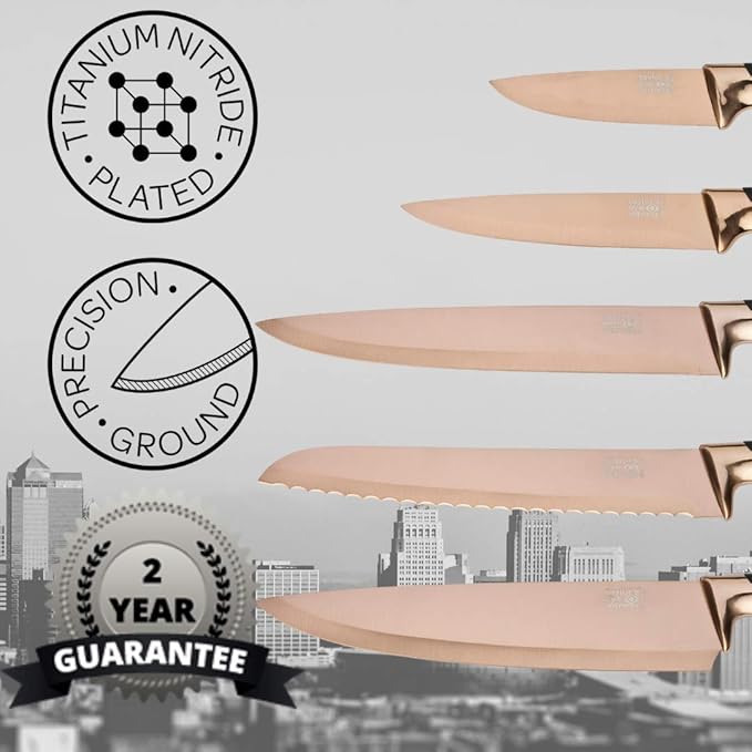 Taylors Eye Witness 5pc Kitchen Knife Gift Set - Brooklyn Rose Gold Colored Bolsters, Matching Razor Sharp Titanium Coated Blades. Soft Grip Handles. 2yr Peace of Mind. Extra Sharpener for Knives