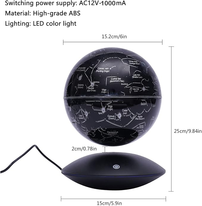 Floating Globe Magnetic Levitation with LED Color Changing Light and Touch Control, Magnetic Levitating Globe for Desk Office Home Decor Educational Gift for Men Father Boys Boss,Black