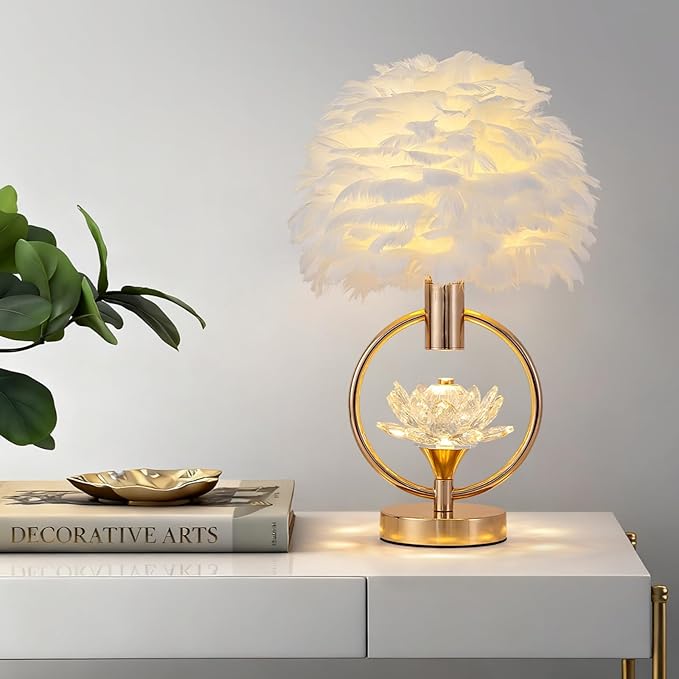 ZYLEIESENBAO Chic White Feather Lamp 17IN Modern Crystal Fluffy Table Lamp Cute Romantic Bedside Nightstand Light Nordic Furry Desk Lamp for Girl Bedroom Living Room Entry Office Hotel Party Wedding