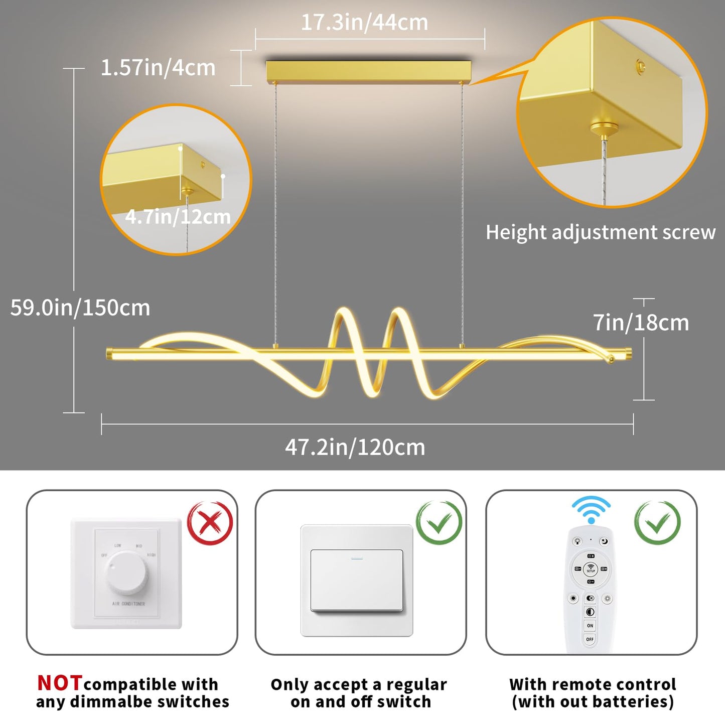 LannlKer Modern LED Pendant Light, 39in Gold Chandelier, Dimmable with Remote, Adjustable Color Temperature, Aluminum Fixture