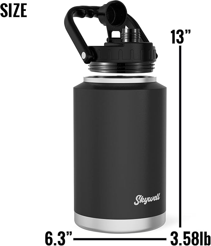 SkyWell 128 Oz Insulated Water Bottle Sleeve and Cup Kit Wide Mouth Water Flask Sweat-Proof and Leak-Proof 1 Gallon Stainless Steel Water Jug for Outdoors, Black Kit