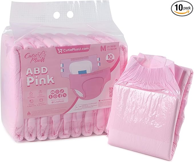 CutiePlusU Disposable Adult Diaper Heavy Absorption Dry Surface Adult Diapers All Night- Pink 10 Pieces (Medium 28"-38")