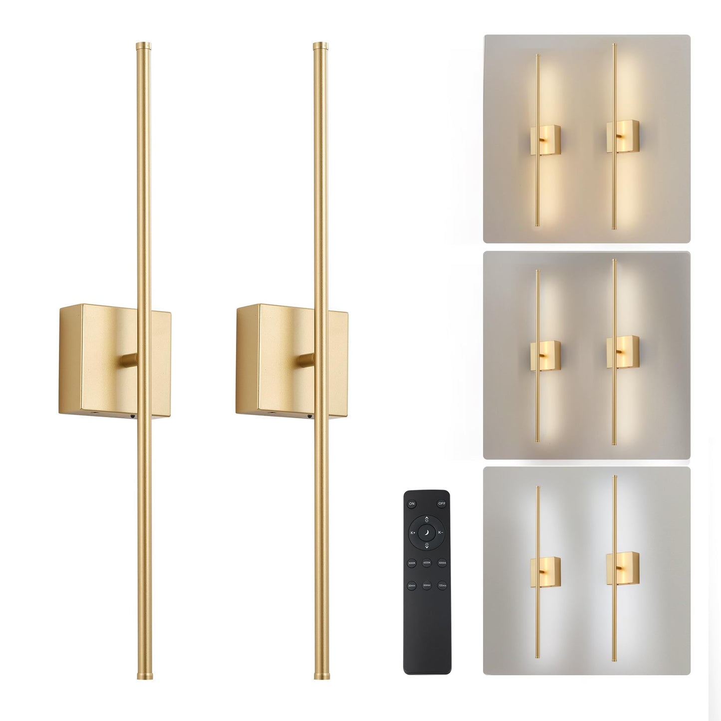 KARTOOSH Wall Sconces, Battery Operated, Remote Control, 3000K-6000K Dimming, 32.2 Inch, Gold, Model ZM321BGD