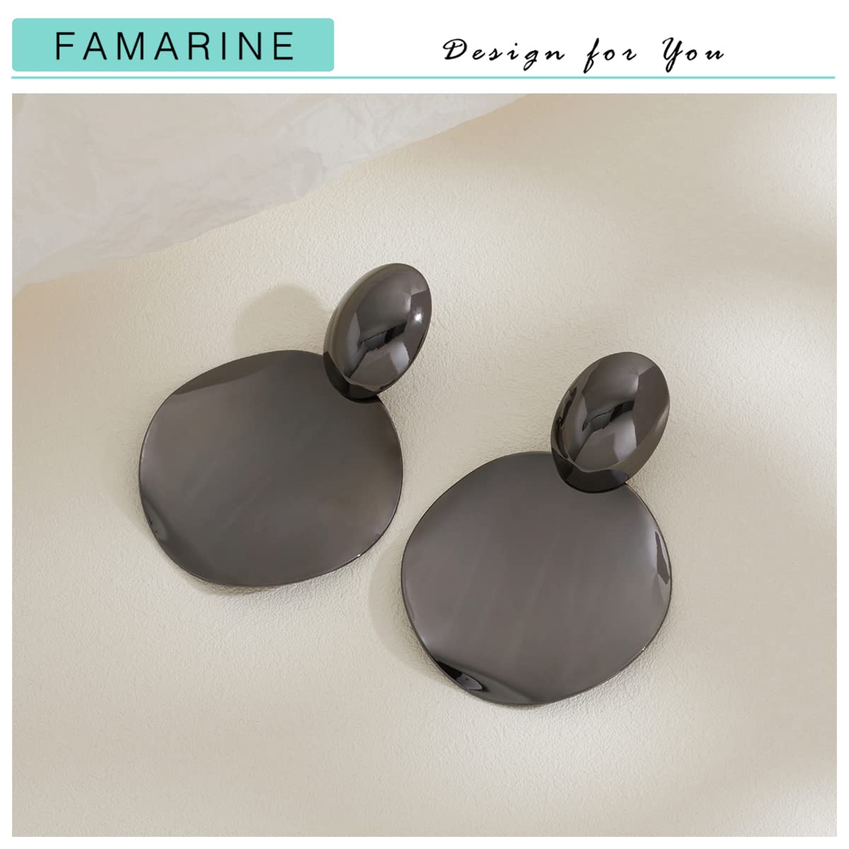 FAMARINE Black Big Disc Statement Earrings Smooth Round Hammered Dangle Earrings for Women Earrings Fashion Jewelry
