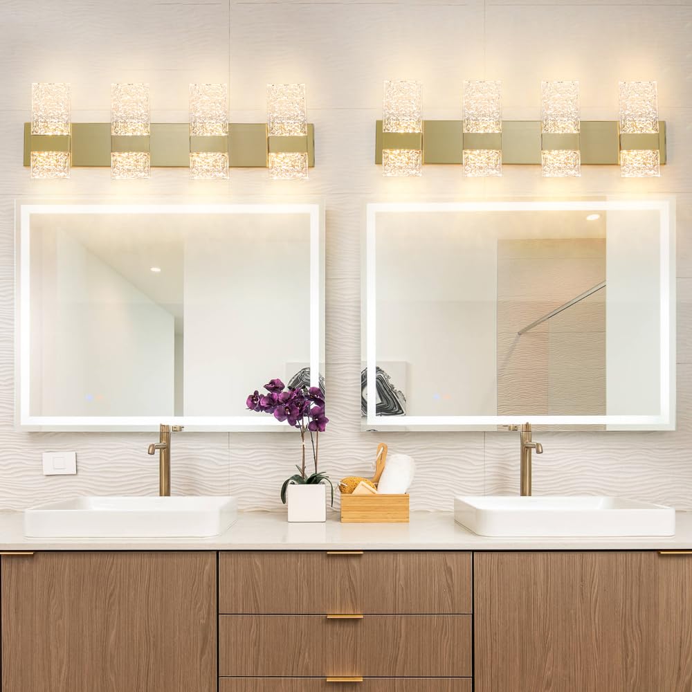 Modern Brushed Gold 8-Lights Bathroom Vanity Light  Eleglant Brass Led Bathroom Light Fixtures Over Mirror  Dimmable Acrylic Shade Wall Lighting Fixtures  Hardwired Wall Light(H9.25In  L28.35In)