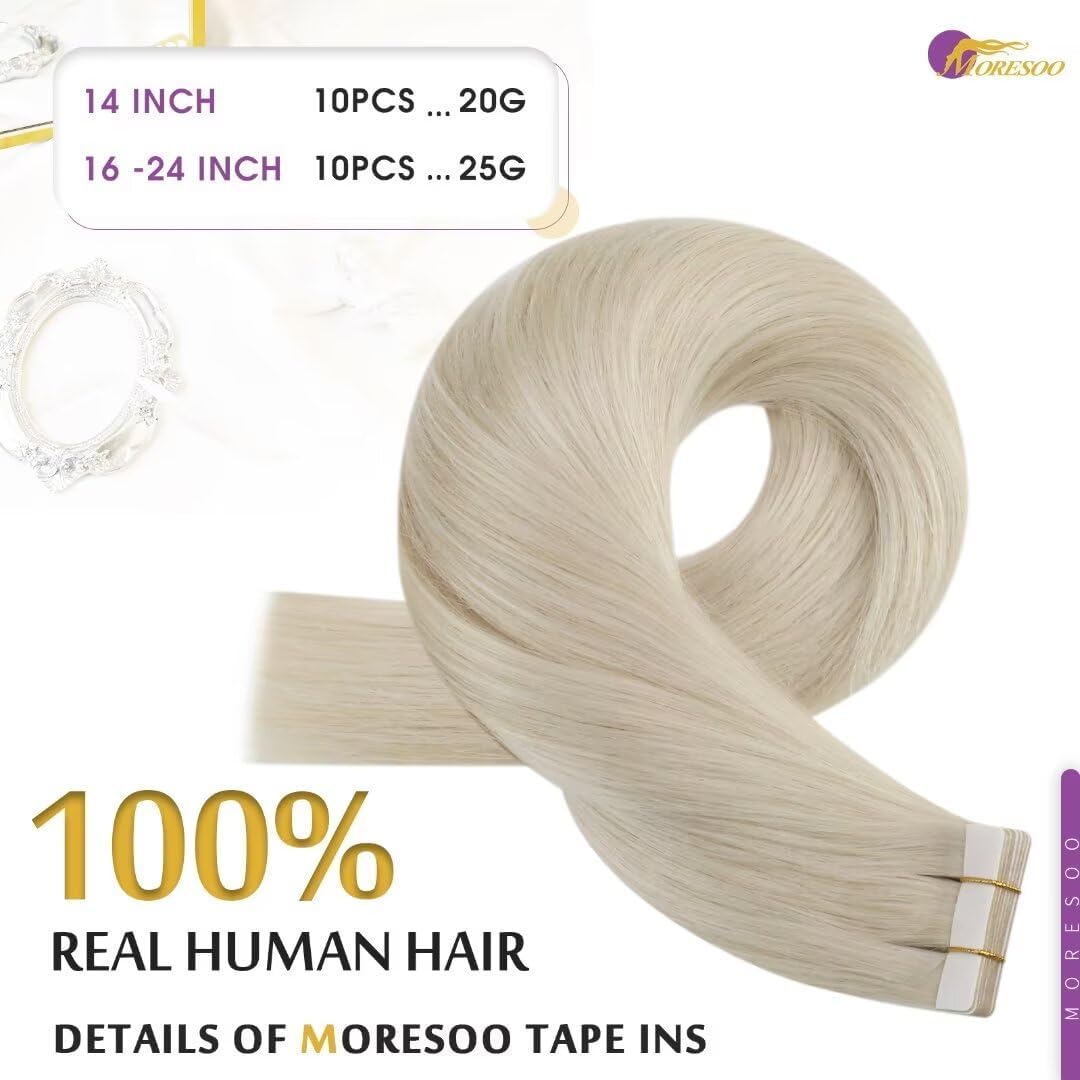Moresoo Tape in Hair Extensions Human Hair,16 Inch 10 Pcs 25 Grams,#60 Platinum Blonde, Fashion Seamless Tape in Human Hair Exte