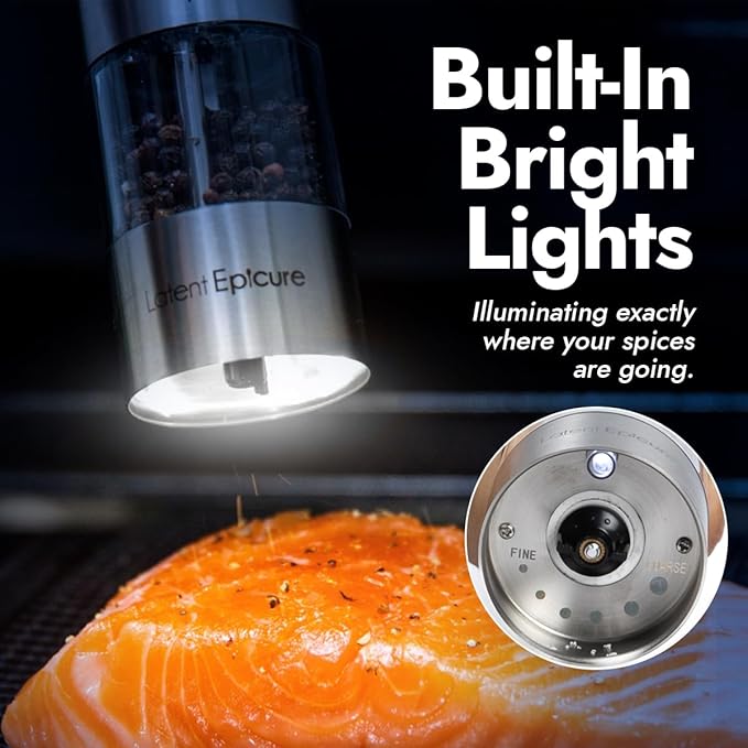 Electric Salt and Pepper Grinder (SINGLE) - Rechargeable USB-C - Stainless Steel Salt, Pepper or Spice Mill with LED Light - One Handed Operation - Adjustable Ceramic Grinders