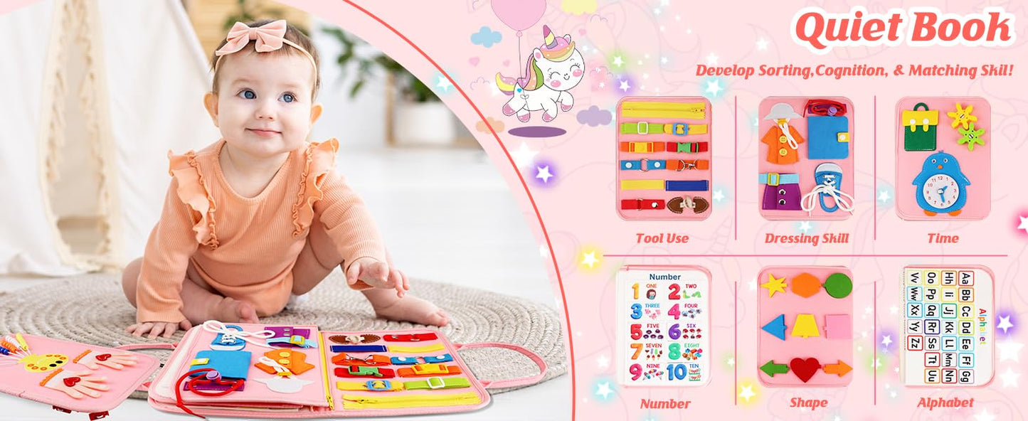 Petenjoy Montessori Busy Board & Busy Book for Toddler 1-3 2-4 – Educational Toys for 1 Year Old Girls, Sensory Activity Board, Fine Motor Skills Learning Gift