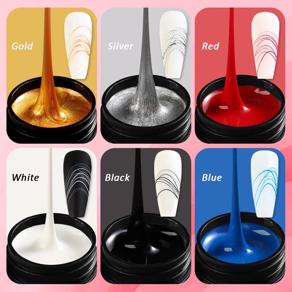 SUTOKAKA 6 Colors Spider Gel Set, Elastic Drawing Spider Gel with Nail Art Brush, White Black Red Blue Gold Silver Paint Wire Dr