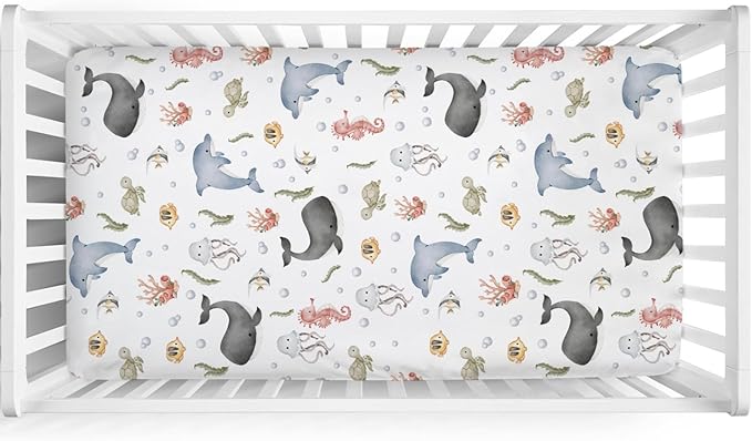 Boho Sea Animals Baby Crib Fitted Sheet 52''x28'' Whale Dolphin Jellyfish Sea Horse Turtle Fish Coral Snug Fitted Crib Mattress Cover for Boy Girl Soft Bed Sheets for Standard Crib Toddler Mattress