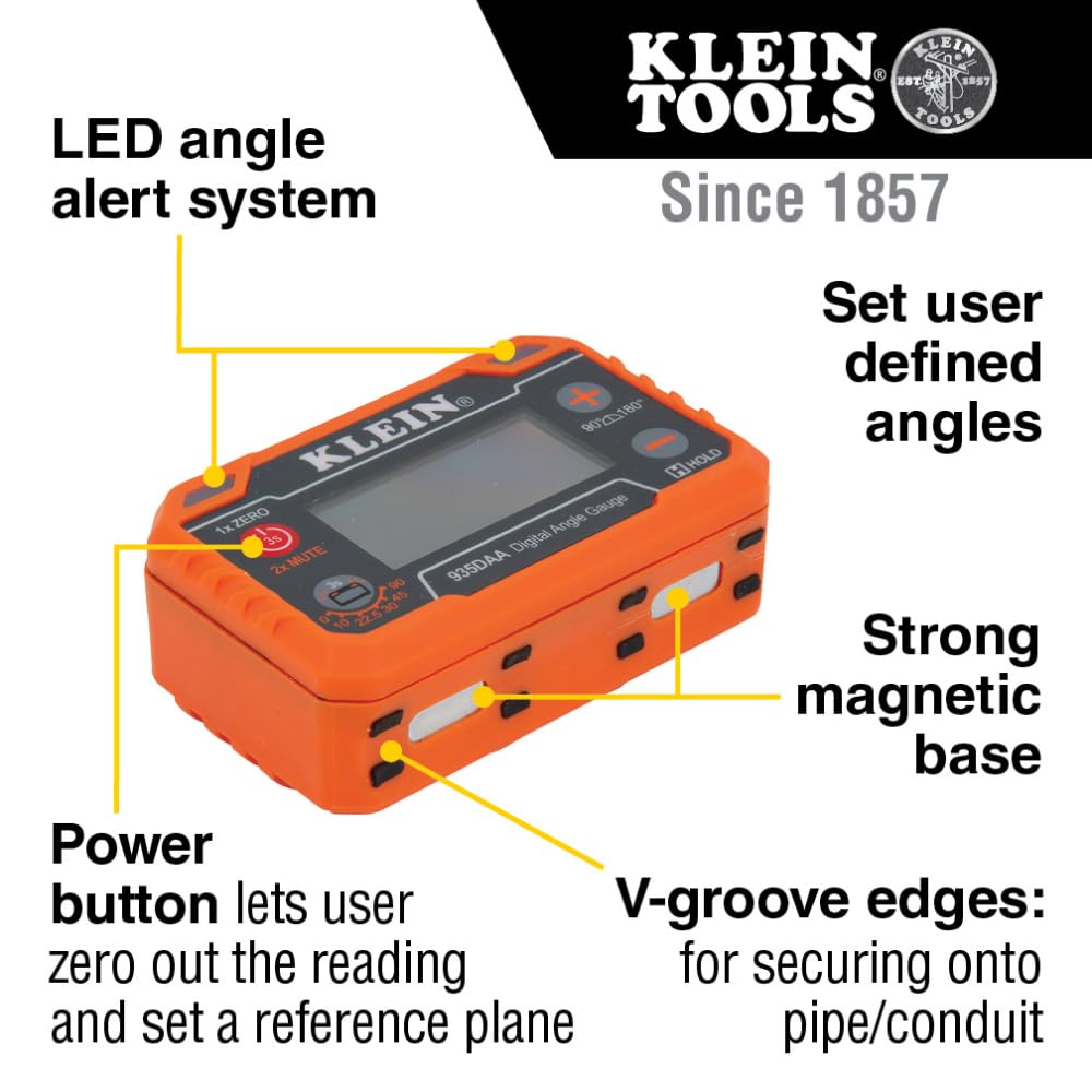 Klein Tools 935DAA Digital Electronic Level and Angle Gauge, LED Alert, Measure and Set Angles, 0-90 and 0-180 Degree Ranges