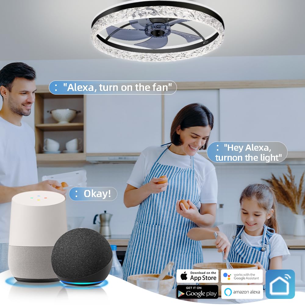 Baycnic Ceiling Fan With Light,Low Profile Ceiling Fans,Flush Mount Ceiling Fan, Smart Fandelier Ceiling Fans,Alexa&Google Assis