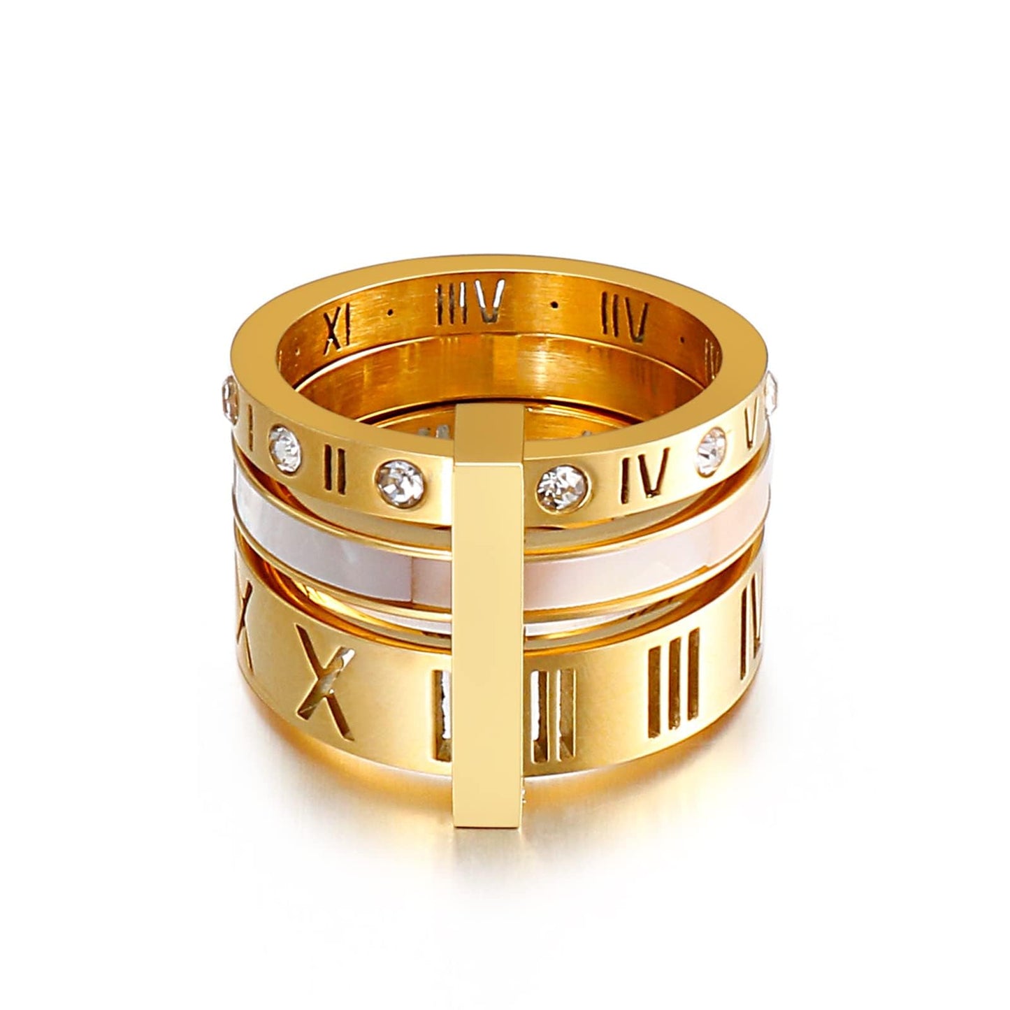 Jarlinwel Stainless Steel CZ Zirconia Roman Numeral Ring For Women Stacking Thumb 3 in 1 Spinner Rings (Gold Shell-Inlaid, 10 Ru