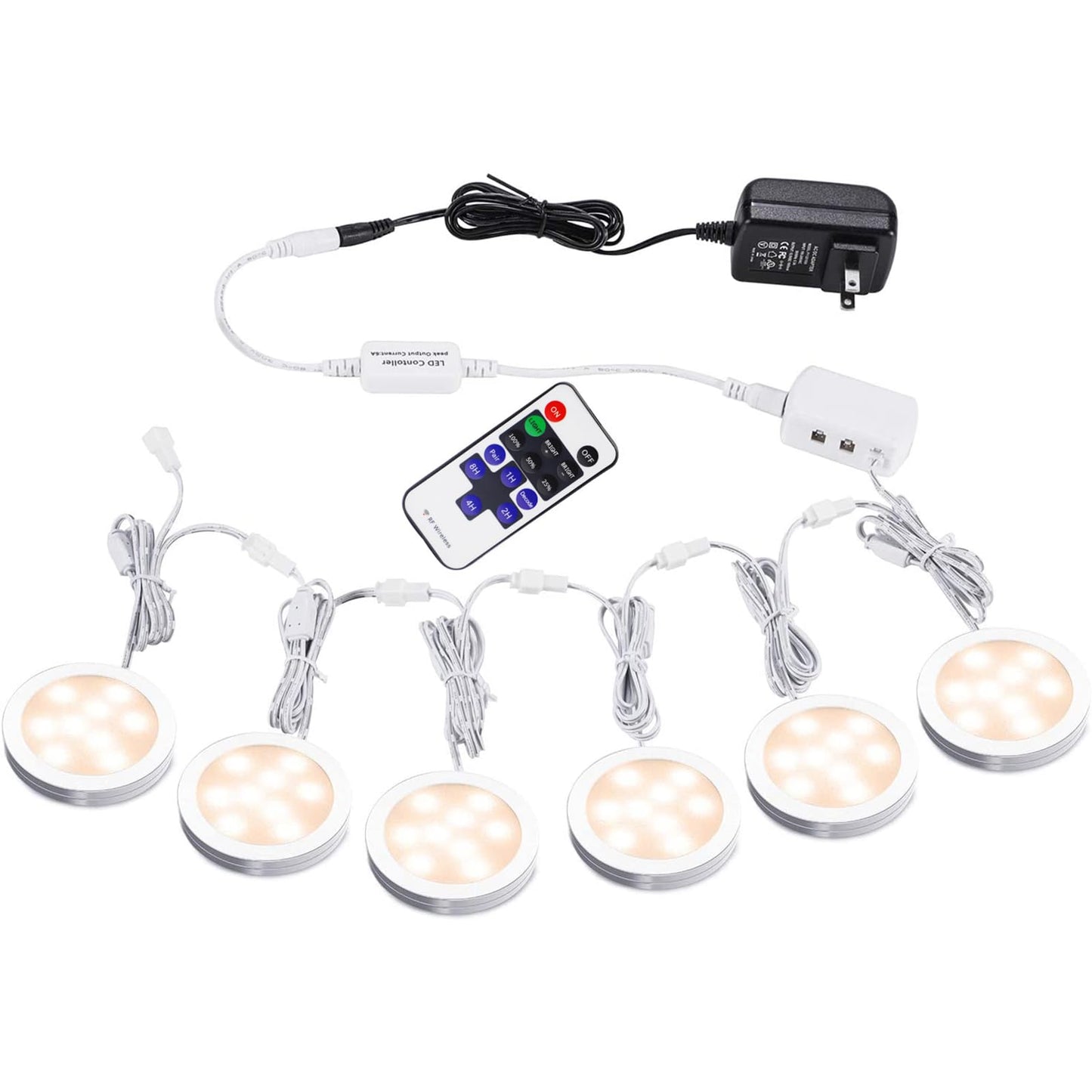AIBOO LED Under Cabinet Lighting Kit, Dimmable Puck Lights, 12V, 6 Lights, Warm White, Aluminum, Model YK-300000197