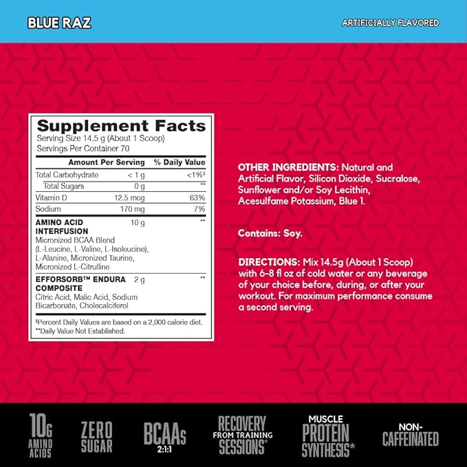 BSN Amino X Post Workout Muscle Recovery & Endurance Powder with 10 Grams of Amino Acids Per Serving, Flavor: Blue Raz, 70 Servings