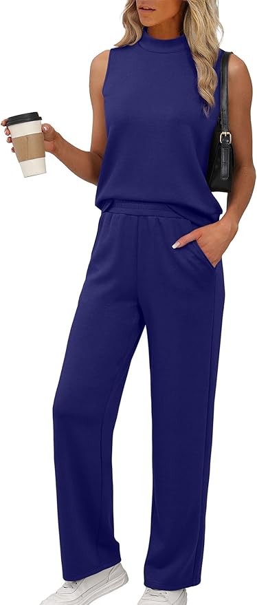 XIEERDUO Two Piece Sets for Women Summer Outfits Travel Mock Neck Lounge Sets Wide Leg Pants Beach Vacation Clothes