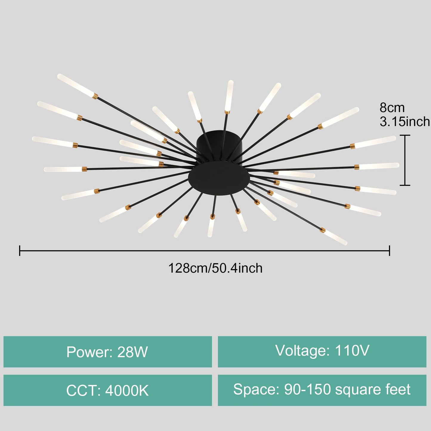 Ziidoo Modern Ceiling Light Fixtures  28 Lights Metal Firework Designed Chic Led Lighting For Farmhouse Kitchen Dining Room Bedroom Hallway Living Room (Black)