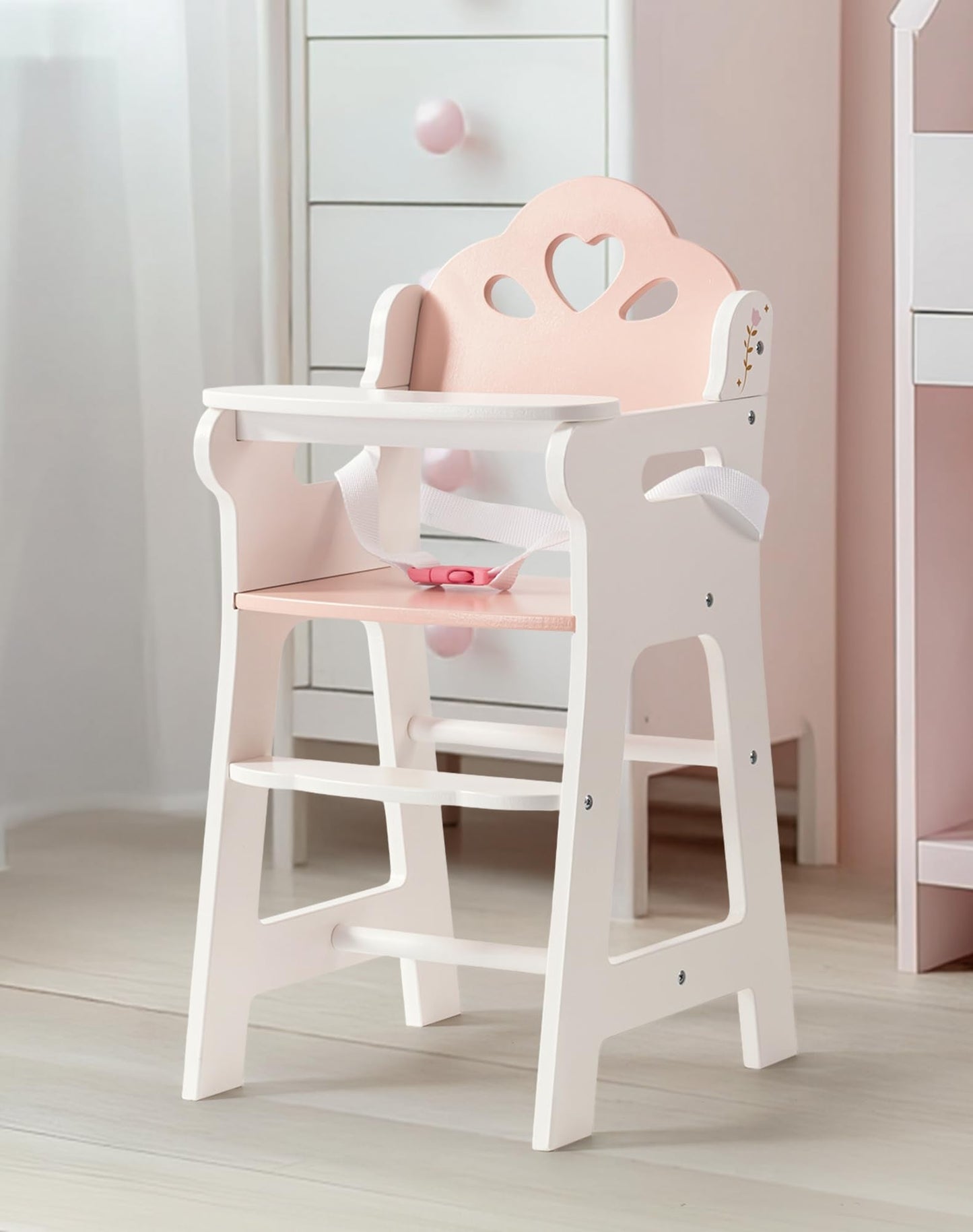 ROBUD Baby Doll High Chair, Pretend Play High Chair with Seat Belt, White Wooden Baby Doll Accessories with Movable Tabletop, Fits 18-20 Inch Dolls, WRP27