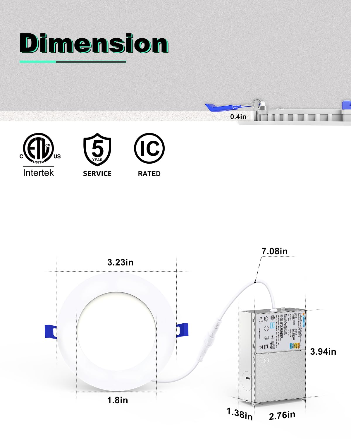VOLISUN 12 Pack 3 inch Recessed Lighting, 5CCT LED Recessed Light with Junction Box, 2700K-5000K Selectable, Dimmable Canless Wafer Downlight, LED Ceiling Light ETL Certificated