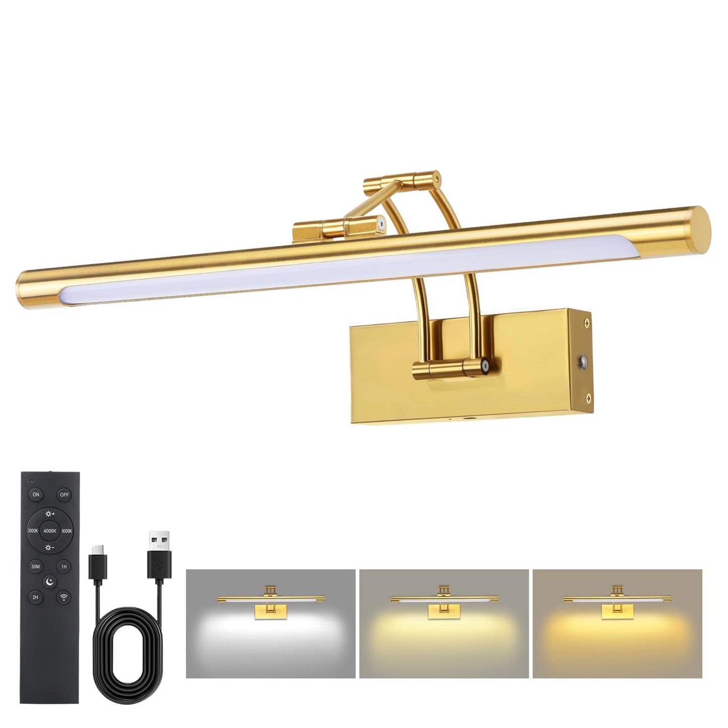 16 Picture Lights For Wall Battery Operated  Wireless Picture Light With Remote  Rechargeable Wall Light 3000K/4000K/6000K Dimmable  Art Lighting For discomfort-reducingtings Frame Gallery Dartboard Light  Brass