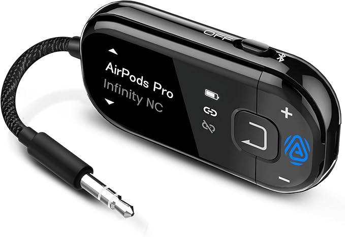Avantree Voyager – OLED Display & Latest Auracast Bluetooth 5.4 Adapter for Airplane, Qualcomm Chip & aptX Adaptive, Wireless Audio Transmitter for Headphones, AirPods, Travel & Flight