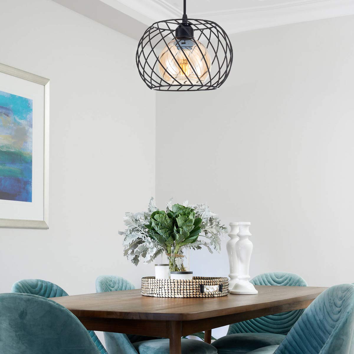 YLONG-ZS Pendant Light with Dimmer Switch, Amber Glass Shade, 16ft Cord, Black Finish, Model YL17B