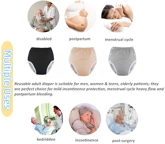 WEEOATAR Unisex Adult Cloth Diaper,Incontinence Cloth Diaper,Swim Nappie,Reusable,Washable and Adjustable with Snaps,Underwear for Seniors,Disability,Postpartum Waist: 22.0-35.4in(Grey,XL)