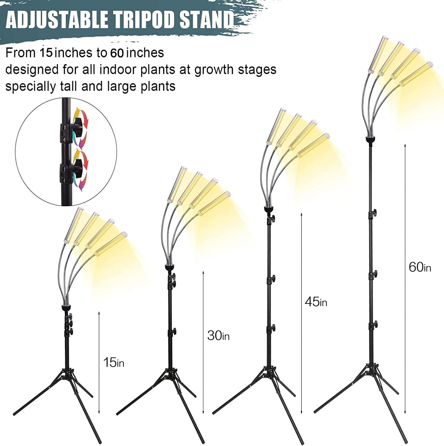 ANDOHAI LED Grow Lights - 420 LEDs Full Spectrum, 4 Heads Floor Lamp, Adjustable Tripod Stand, Model GL-1, Auto On/Off Timer