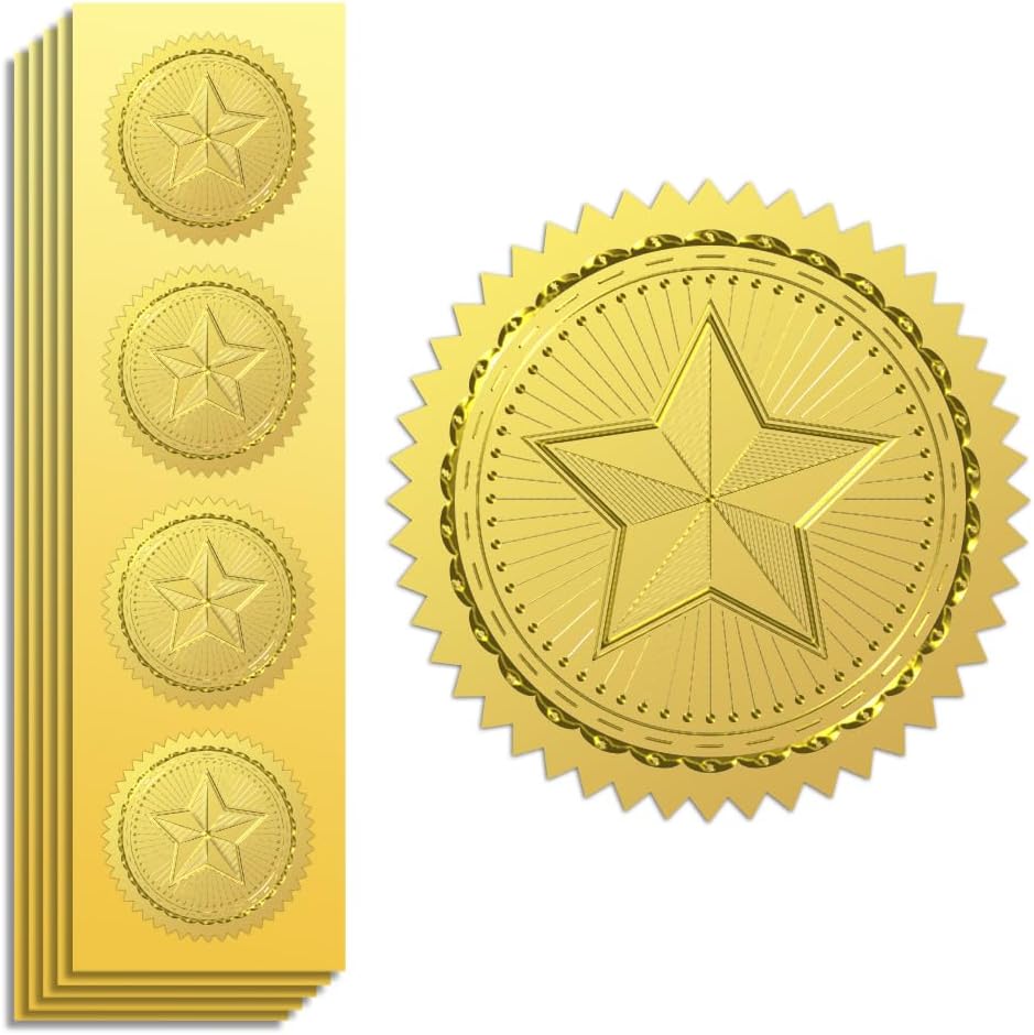 Peacoblue Gold Foil Stickers Seals Official Embossed 2 Inch 100Pcs Star, Self Adhesive Gold Around Embossing Medal Stickers for Certificate Paper, Envelope Seals, Awards and Achievements