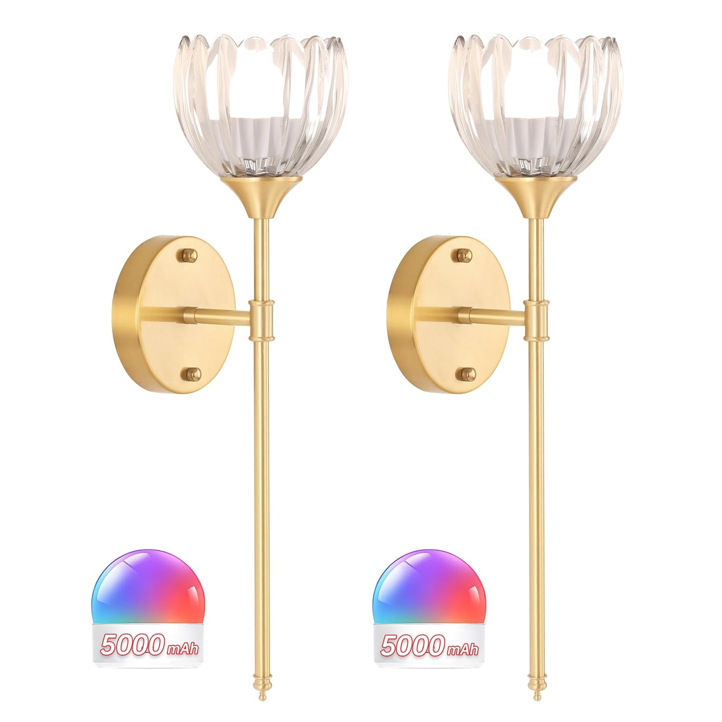 Shenmoyl Battery Operated Wall Sconce Set of 2, Clear Tulip Glass Light Fixture, Rechargeable 5000mAh, Remote Control, Sceptre Brass