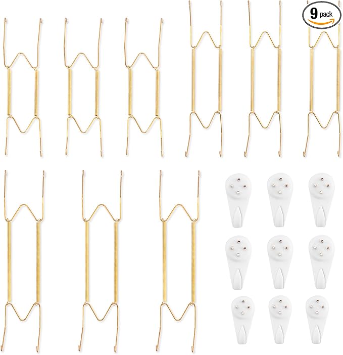 Bilillo 9-Piece Stainless Steel Wall Plate Hangers, 10/12/14 Inch Invisible Decorative Wire Plate Holders with 9 Pieces Wall Hooks for 8 to 16 Inch (Gold)