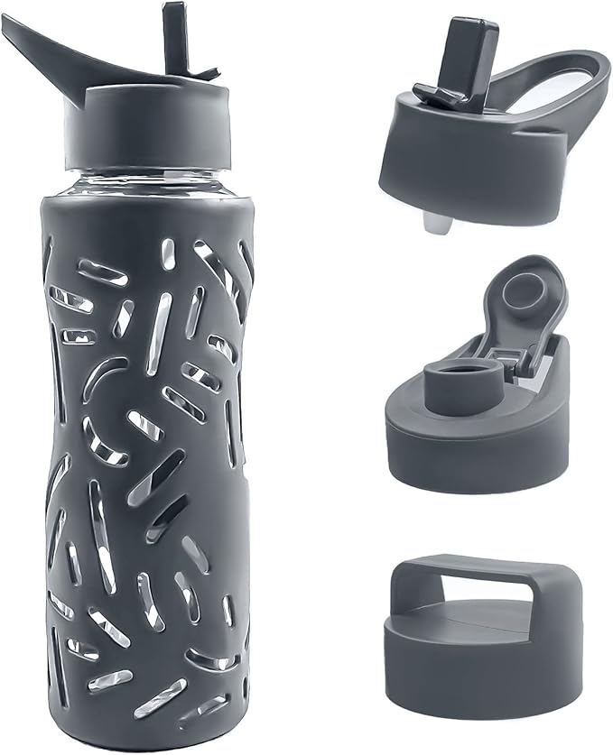 25oz Glass Water Bottles with Silicone Sleeve, 3 Different Lids (BPA Free) for Wide Mouth Glass Drink Bottles for Fitness and Outdoor (Grey)