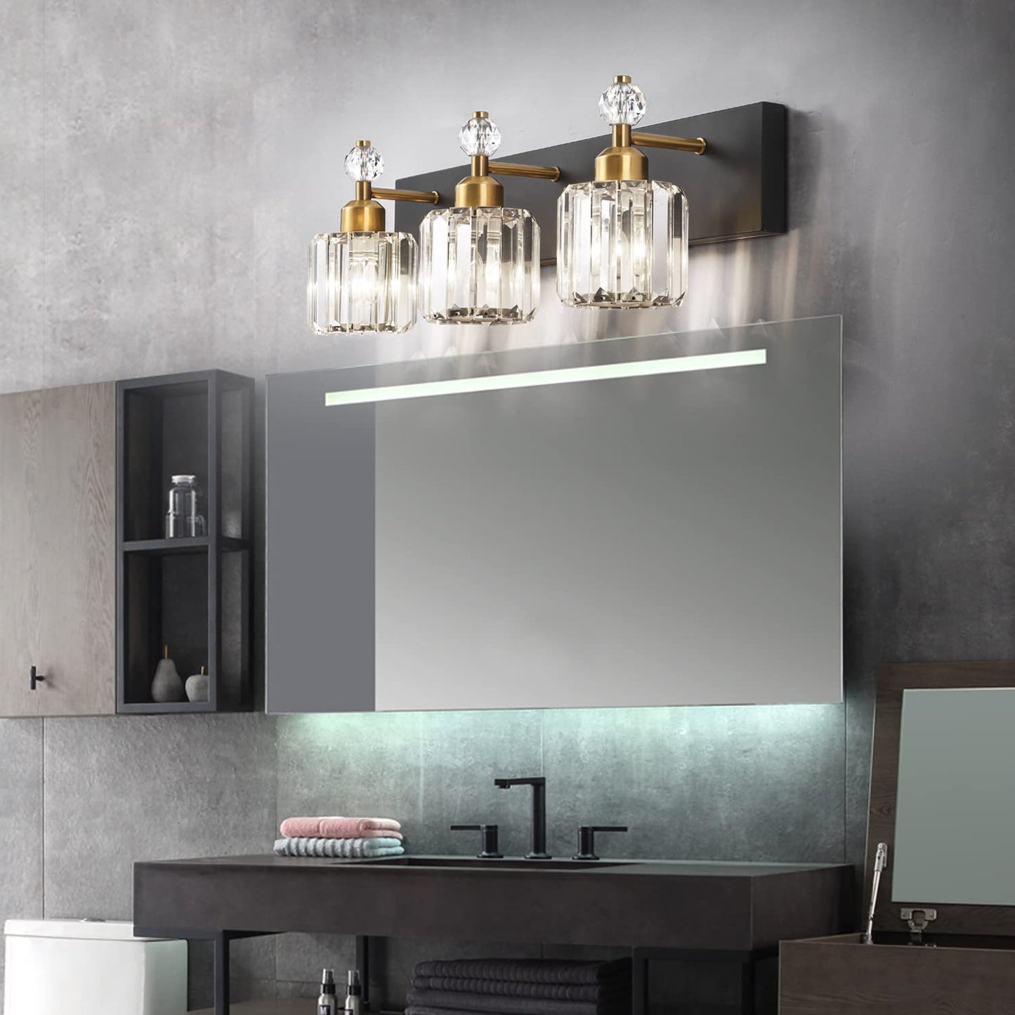 PRESDE 3-Light Bathroom Vanity Lights Fixtures, Black Gold Crystal, Modern Wall Lighting