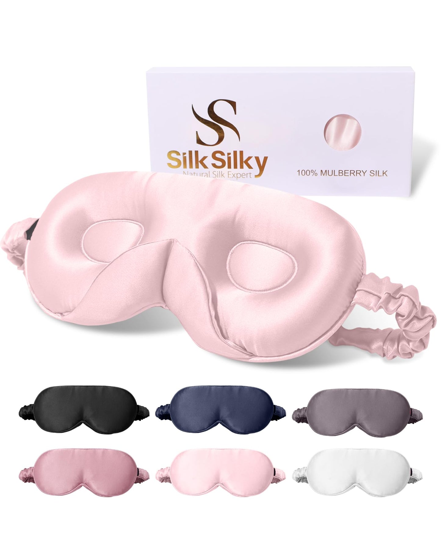SilkSilky 100% 22 Momme Mulberry Silk Sleep Mask – Upgraded 3D Contoured Eye Mask with Nose Wing Pads & Adjustable Strap, Luxury Blackout Eye Cover for Women & Men (Pink)