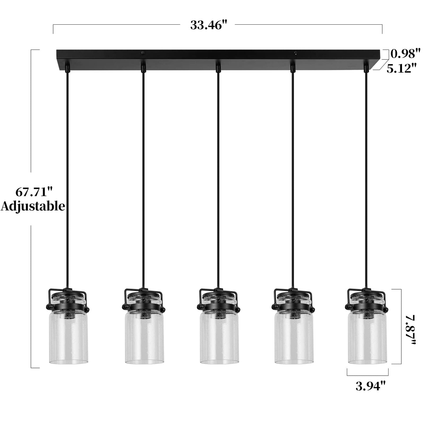 Foucasal Pendant Light Kitchen Island Lighting  5-Light Pendant Ceiling Light Fixture  67.71 Inches Hanging With Clear Glass Shade Farmhouse Chandeliers For Dining Room Bedroom Hallway - Black