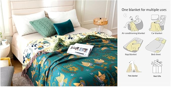 MSGKV 100% Cotton Blanket Boho Throw Blue Warm Couch Sofa Bed Double Sided Knit Super Soft Cover Sheet Reversible Wearable Fall Winter Blanket, 60''Wx 80''L, A-blue Bird (US6018-001A-150x200)
