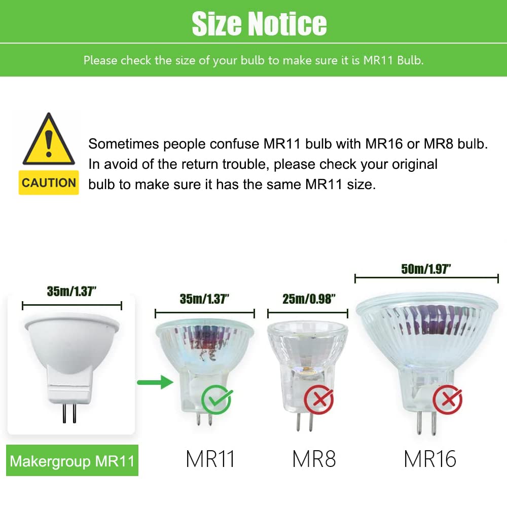 Makergroup MR11 Bi-pin LED Light Bulb 3W 12VAC/DC Warm White 2700K-3000K 6 Count