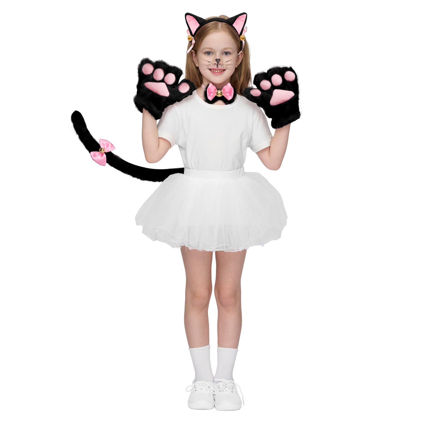 Spooktacular Creations 5 Pcs Kitten Black Kitty Cat Costume Accessories with Cat Ears Headband, Paws Gloves, Bow Tie, Tail for Adult, Kids, Cosplay, Halloween Party Dress Up Set